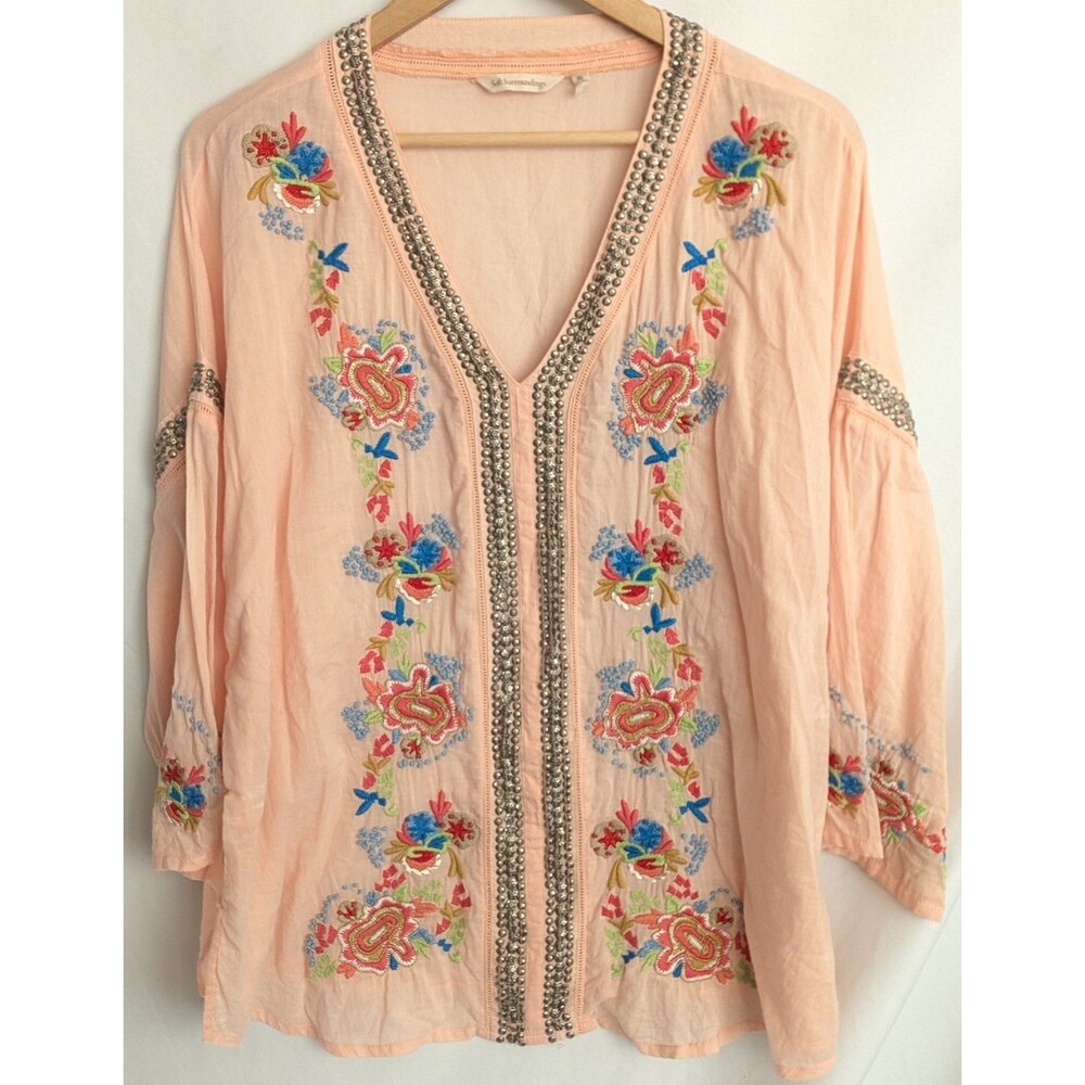 Soft Surroundings Colorful Embroidery &  Beads Blouse Top Sz XL Peach Button Up - Picture 9 of 9